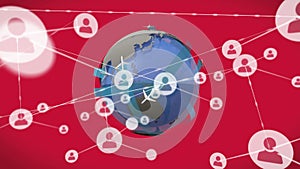 Animation of connected people icons and airplanes flying around globe on red background