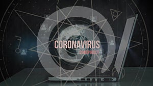 Animation of coronavirus conspiracy text over laptop