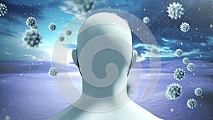 Animation of covid 19 cells moving over human head with face mask spinning on winter scenery