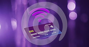 Animation of credit card with data over glowing lights background