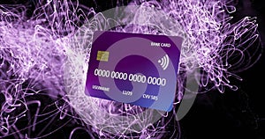 Animation of credit card with data over glowing lights background