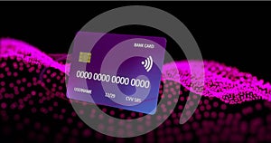 Animation of credit card with data over glowing mesh on black background