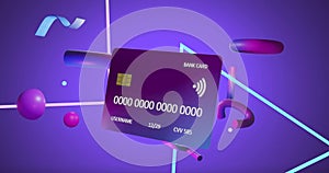 Animation of credit card with data over purple background