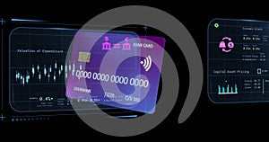 Animation of credit card and screens with banking data over black background