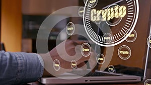 Animation of crypto in circles over hands of caucasian man using laptop with copy space