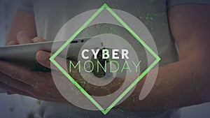Animation of cyber monday text over caucasian man using tablet
