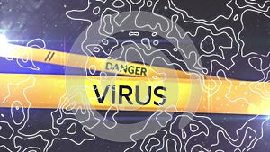 Animation of danger virus text over white lines on black background