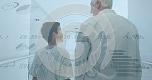 Animation of data processing on caucasian male doctor and boy holding hands and walking in hospital