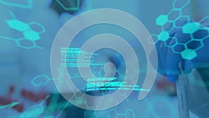 Animation of data processing and chemical structures over laboratory worker holding test tube