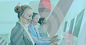 Animation of data processing on diverse colleagues talking on phone headsets while working at office