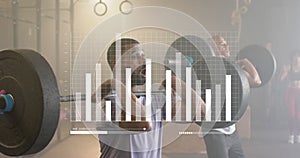 Animation of data processing on graph over diverse men weight training with barbells at gym