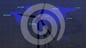 Animation of data processing numbers changing over world map and wind turbines