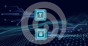 Animation of data processing with online security key over computer circuit board