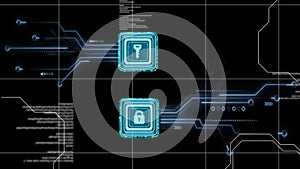 Animation of data processing with online security key and padlock over computer circuit board