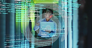 Animation of data processing over african american male engineer using laptop working at server room