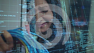 Animation of data processing over crying caucasian women holding diverse computer wires