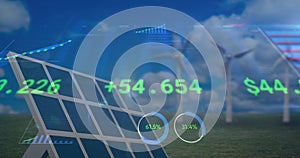 Animation of data processing over solar panel and windmill