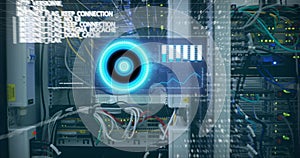 Animation of data processing on screen over computer wires