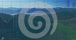 Animation of data processing, stock market and diagrams over landscape