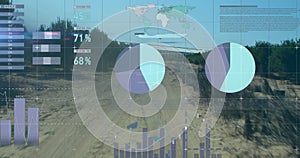 Animation of data processing, world map and diagrams over landscape