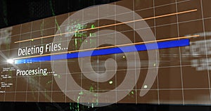 Animation of deleting files, processing text on interface over server room
