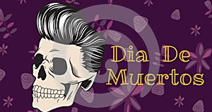 Animation of dia de los muertos and skull with hair on purple background