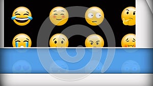 Animation of different emojis icons over moving lines on wite background