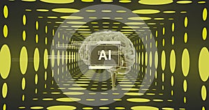 Animation of digital brain spinning with ai text over yellow spots