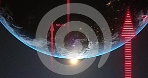 Animation of digital data processing and arrows over globe on dark background