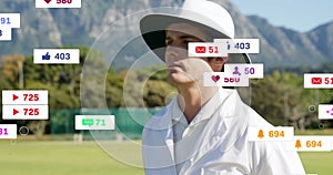 Animation of digital data processing over caucasian cricket umpire on field