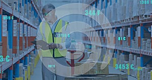 Animation of digital data processing over caucasian man working in warehouse