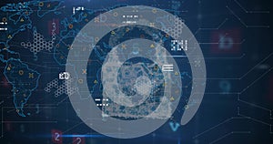 Animation of digital data processing over padlock and world map