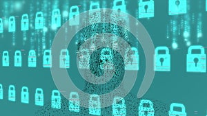 Animation of digital human head over rows of online security padlocks on green background