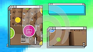 Animation of digital icons, data processing and stacks of cardboard boxes