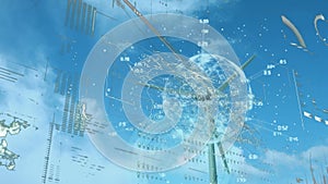 Animation of digital infographic interface with globe over low angle view of windmill against sky