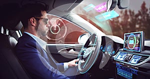 Animation of digital interface over businessman in self driving car