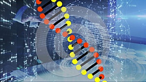 Animation of dna over caucasian businessman using touchscreen digital interface against server room