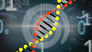 Animation of dna over data, binary code and clouds