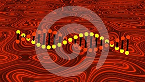 Animation of dna strand spinning over red liquid background