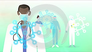 Animation of doctor wearing face mask with medical personnel standing over macro Covid-19 cells icon