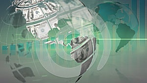 Animation of dollar globe rotating over graph, heart rate monitor and world map, on green background