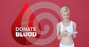 Animation of donate blood text, syringe and drop logo, with smiling woman doing pinprick blood test