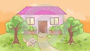 Animation doodle cartoon of a lonely dog pet waiting desperately for the family member for attention and care