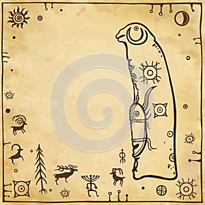 Animation drawing of an ancient stone stele with Baran`s head. Rock painting.