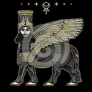 Animation drawing: image of the Assyrian mythical deity Shedu: a winged bull with  head of person.