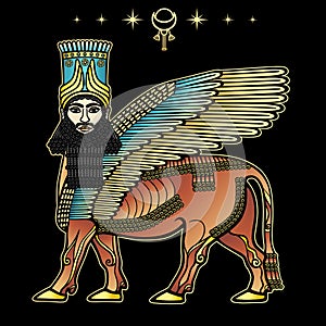 Animation drawing: image of the Assyrian mythical deity Shedu: a winged bull with  head of person.