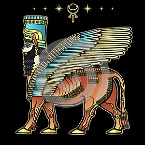 Animation drawing: image of the Assyrian mythical deity Shedu: a winged bull with  head of person.