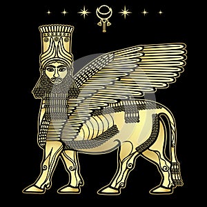 Animation drawing: image of the Assyrian mythical deity Shedu: a winged bull with head of person.
