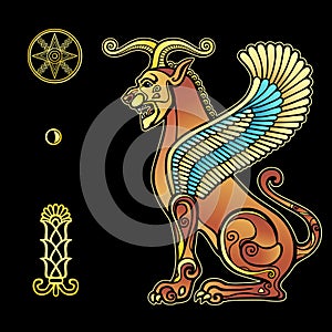 Animation drawing: sphinx horned lion with wings, character in Assyrian mythology.