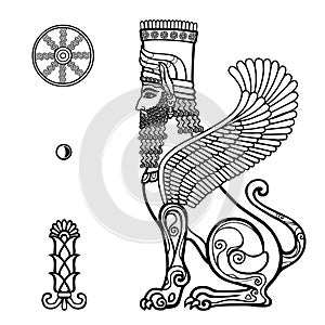 Animation drawing: sphinx man with lion body and wings, a character in Assyrian mythology.
